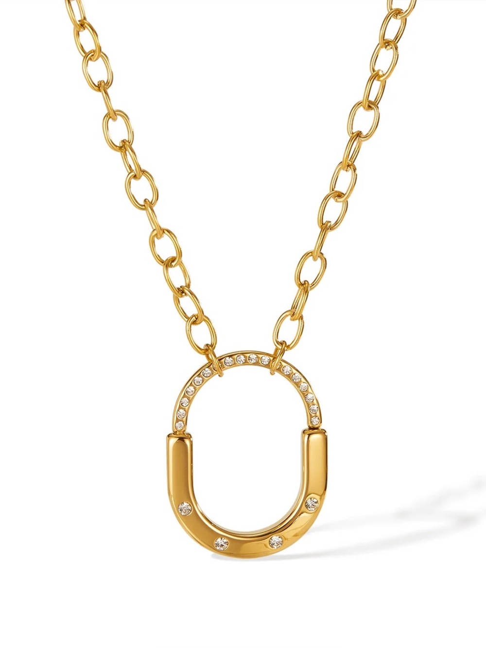 Gold Plated Oval Pave Pendant Necklace